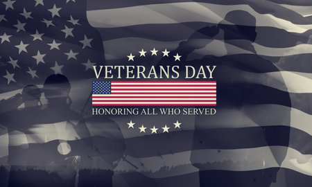 Silhouettes of soldiers saluting with text Veterans Day Honoring All Who Served. Black and white American holiday typography poster. Banner, greeting card, postcard.の写真素材