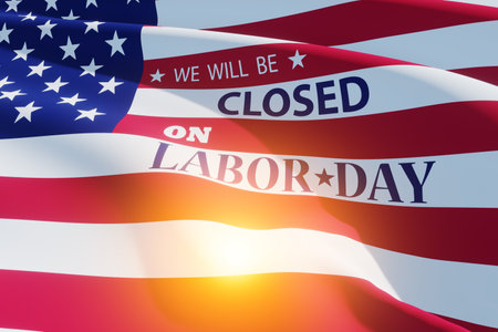 Labor Day Background Design. American flag and light spot with a message. We will be Closed on Labor Day. 3d Image.の写真素材