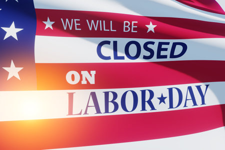 Labor Day Background Design. American flag and light spot with a message. We will be Closed on Labor Day. 3d Image.の写真素材