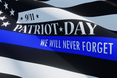 American flag with police support symbol Thin blue line. Remembering, memories on fallen people on september 11, 2001. Patriot day. 3d image.の写真素材