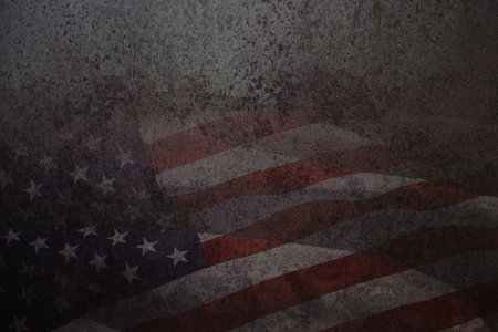 Rusty iron background with image USA flag. American holiday poster. Banner, flyer, sticker, greeting card, postcard.の写真素材