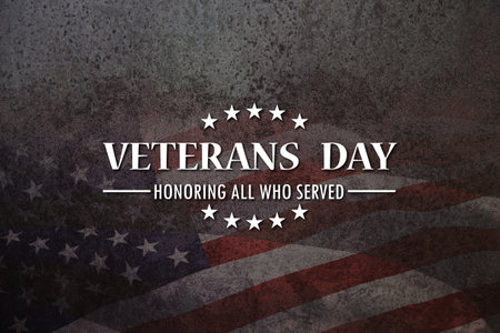 Veterans Day Honoring All Who Served inscription on rusty iron background with USA flag. American holiday poster. Banner, flyer, sticker, greeting card, postcard.の写真素材