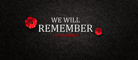 We Will Remember 11th November inscription with Poppy flower on black textured background. Decorative flower for Remembrance Day. Memorial Day. Veterans day.の写真素材