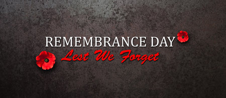 Remembrance Day Lest We Forget inscription with Poppy flower on rusty iron background. Decorative flower for Remembrance Day. Memorial Day. Veterans day.の写真素材