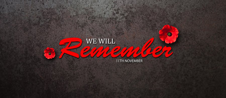 We Will Remember 11th November inscription with Poppy flower on rusty iron background. Decorative flower for Remembrance Day. Memorial Day. Veterans day.の写真素材
