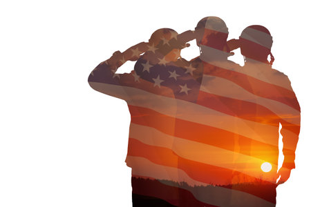 Silhouettes of soldiers with print of sunset and USA flag saluting isolated on white background. Greeting card for Veterans Day, Memorial Day, Independence Day. America celebration.の写真素材