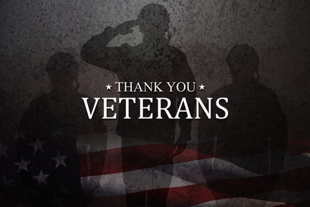 Silhouettes of soldiers saluting with Thank You Veterans inscription on rusty iron background. American holiday typography poster. Banner, flyer, sticker, greeting card, postcard.の写真素材