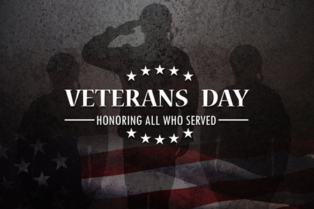 Silhouettes of soldiers saluting with Veterans Day Honoring All Who Served inscription on rusty iron background. American holiday typography poster. Banner, flyer, sticker, greeting card, postcard.の写真素材