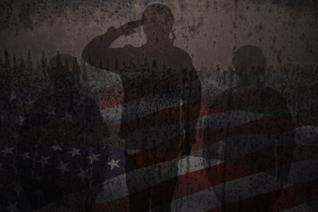 Silhouettes of soldiers saluting rusty on iron background with image of USA flag. American holiday typography poster. Banner, flyer, sticker, greeting card, postcard.の写真素材