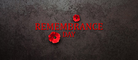 Remembrance Day inscription with Poppy flower on rusty iron background. Decorative flower for Remembrance Day. Memorial Day. Veterans day.の写真素材