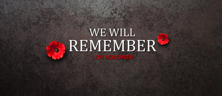 We Will Remember 11th November inscription with Poppy flower on rusty iron background. Decorative flower for Remembrance Day. Memorial Day. Veterans day.の写真素材