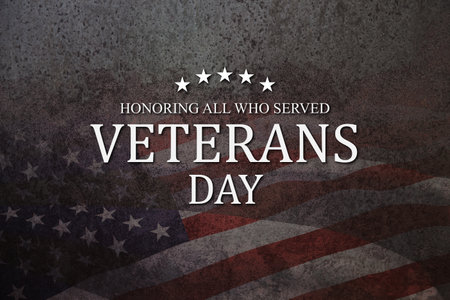 Veterans Day Honoring All Who Served inscription on rusty iron background with USA flag. American holiday poster. Banner, flyer, sticker, greeting card, postcard.の写真素材