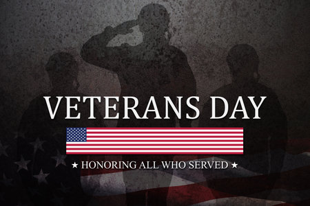 Silhouettes of soldiers saluting with Veterans Day inscription on rusty iron background. American holiday typography poster. Banner, flyer, sticker, greeting card, postcard.の写真素材