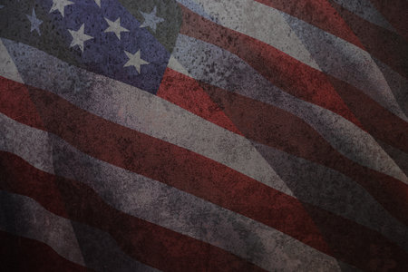 Rusty iron background with image USA flag. American holiday poster. Banner, flyer, sticker, greeting card, postcard.の写真素材