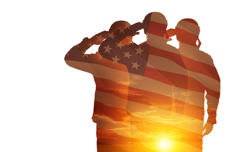 Silhouettes of soldiers with print of sunset and USA flag saluting isolated on white background. Greeting card for Veterans Day, Memorial Day, Independence Day. America celebration.の写真素材