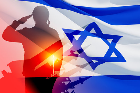 Silhouette of missiles on a background of the flag of Israel and the sun. Nuclear weapon concept.の写真素材