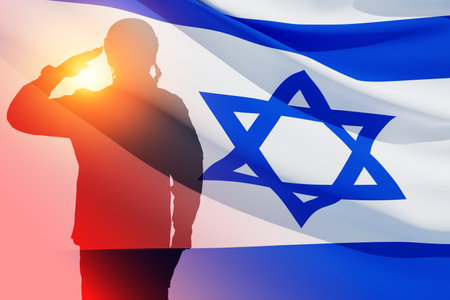 Silhouette of soldier on background of the flag of Israel. Concept armed forces of Israel.の写真素材