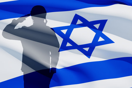 Silhouette of soldier on background of the flag of Israel. Concept armed forces of Israel.の写真素材