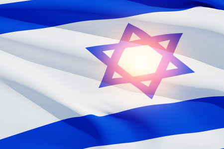 Israel flag with a star of David background. Banner with place for text.の写真素材