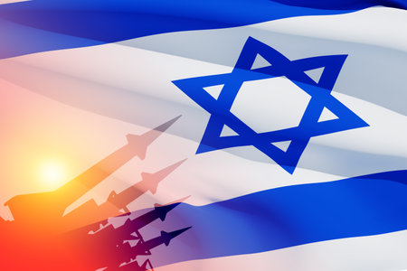 Silhouette of missiles on a background of the flag of Israel and the sun. Nuclear weapon concept.の写真素材