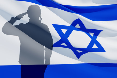 Silhouette of soldier on background of the flag of Israel. Concept armed forces of Israel.の写真素材