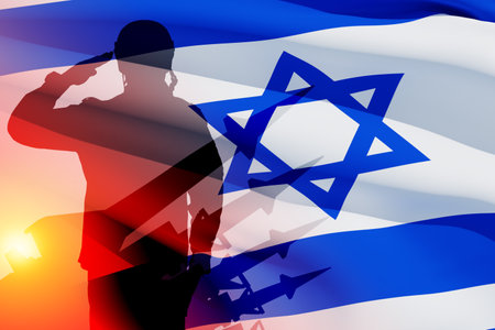 Silhouette of missiles on a background of the flag of Israel and the sun. Nuclear weapon concept.の写真素材