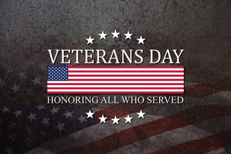 Veterans Day Honoring All Who Served inscription on rusty iron background with USA flag. American holiday poster. Banner, flyer, sticker, greeting card, postcard.の写真素材