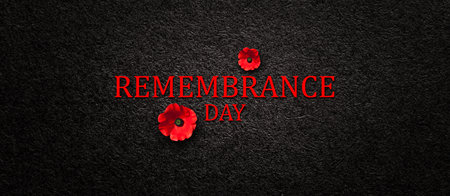 Remembrance Day inscription with Poppy flower on black textured background. Decorative flower for Remembrance Day. Memorial Day. Veterans day.の写真素材