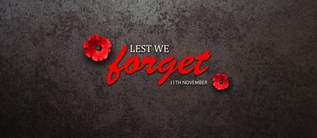 Lest We Forget 11th November inscription with Poppy flower on rusty iron background. Decorative flower for Remembrance Day. Memorial Day. Veterans day.の写真素材