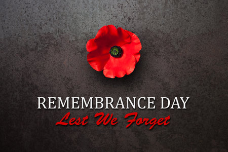 Remembrance Day Lest We Forget inscription with Poppy flower on rusty iron background. Decorative flower for Remembrance Day. Memorial Day. Veterans day.の写真素材