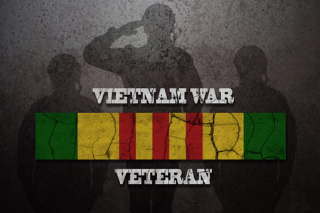 Silhouettes of soldiers saluting and Vietnam Campaign Ribbon with Vietnam War Veteran inscription. Vietnam Veterans Day. General commemoration in the Armed Forces. The service ribbon. Grunge style.の写真素材