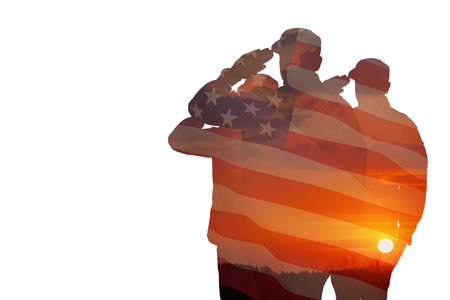 Silhouettes of soldiers with print of sunset and USA flag saluting isolated on white background. Greeting card for Veterans Day, Memorial Day, Independence Day. America celebration.の写真素材