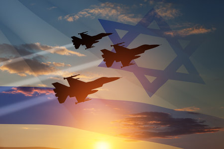 Aircraft silhouettes on background of sunset with a transparent waving Israel flag. military aircraft. independence day. Air Force Day.の写真素材