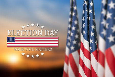 Text Election Day Your Vote Matters with USA Flag on background of sunset. I voted. Voting in America.の写真素材