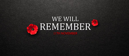 We Will Remember 11th November inscription with Poppy flower on black textured background. Decorative flower for Remembrance Day. Memorial Day. Veterans day.の写真素材