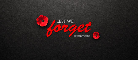 Lest We Forget 11th November inscription with Poppy flower on black textured background. Decorative flower for Remembrance Day. Memorial Day. Veterans day.の写真素材