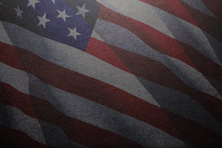 Black textured background with image USA flag. American holiday poster. Banner, flyer, sticker, greeting card, postcard.の写真素材