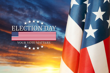 Text Election Day Your Vote Matters with USA Flag on background of sunset. I voted. Voting in...