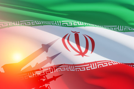 The missiles are aimed on background of Iran flag. Bomb, chemical weapons, missile defense, a system of salvo fire.の写真素材