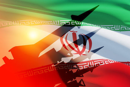 The missiles are aimed on background of Iran flag. Bomb, chemical weapons, missile defense, a system of salvo fire.の写真素材