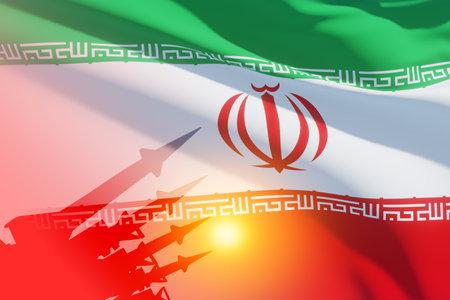 The missiles are aimed on background of Iran flag. Bomb, chemical weapons, missile defense, a system of salvo fire.の写真素材