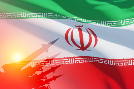The missiles are aimed on background of Iran flag. Bomb, chemical weapons, missile defense, a system of salvo fire.の写真素材