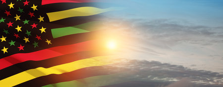 Alternative Juneteenth Flag with sunrise or sunset. Since 1865. Banner with place for text.の写真素材