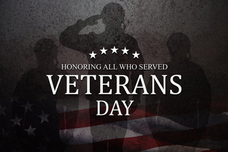 Silhouettes of soldiers saluting with Veterans Day inscription on rusty iron background. American holiday typography poster. Banner, flyer, sticker, greeting card, postcard.の写真素材