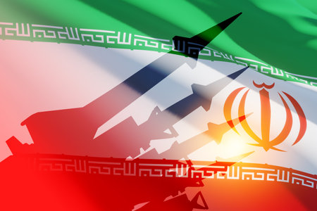 The missiles are aimed on background of Iran flag. Bomb, chemical weapons, missile defense, a system of salvo fire.の写真素材