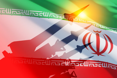 The missiles are aimed on background of Iran flag. Bomb, chemical weapons, missile defense, a system of salvo fire.の写真素材