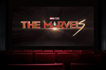 The Marvels movie in the cinema. Watching a movie in the cinema. Astana, Kazakhstan - October 21, 2023.のeditorial素材