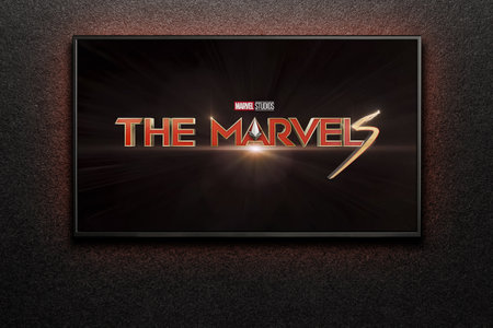 The Marvels trailer or movie on TV screen. Astana, Kazakhstan - October 21, 2023.のeditorial素材