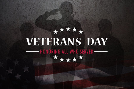 Silhouettes of soldiers saluting with Veterans Day inscription on rusty iron background.の写真素材
