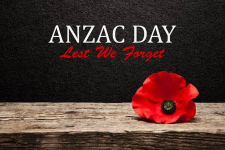 Poppy pin for Anzac Day. Poppy flower on old beautiful high grain, detailed wood on black textured background.の写真素材